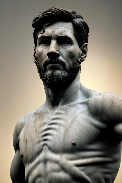 Ultra Realistic image, classical renaissance sculpture, white marble material, Lionel Messi, emperor style, gold Laurel leaves crown, chisel style, waist up portrait, epic, celestial, cinematic lighting, God light, god rays, 4k resolution, smooth details, ornate details, soft lighting, unreal engine 5, sky background.