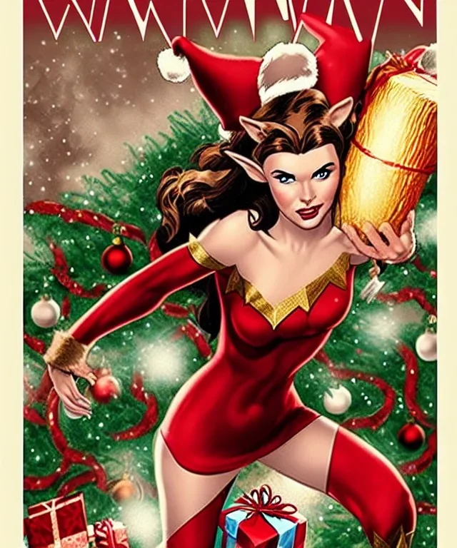 woman elve. Christmas scene. poster. marvel comic.