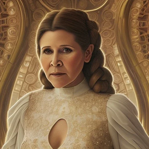 hyperspace background, complete and photo realistic detailed head to waist stunning photo realistic portrait of carrie fisher as Princess Leia in star wars with photo realistic updo hair by Mandy Jurgens and mucha and Richard Schmid and chuck close and chie yoshii, extraordinary and detailed ceremony dress of star wars,brown eyes