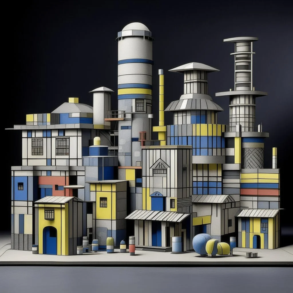 A gray pixelated factory designed in ancient Egyptian architectures and sculptures painted by Wassily Kandinsky