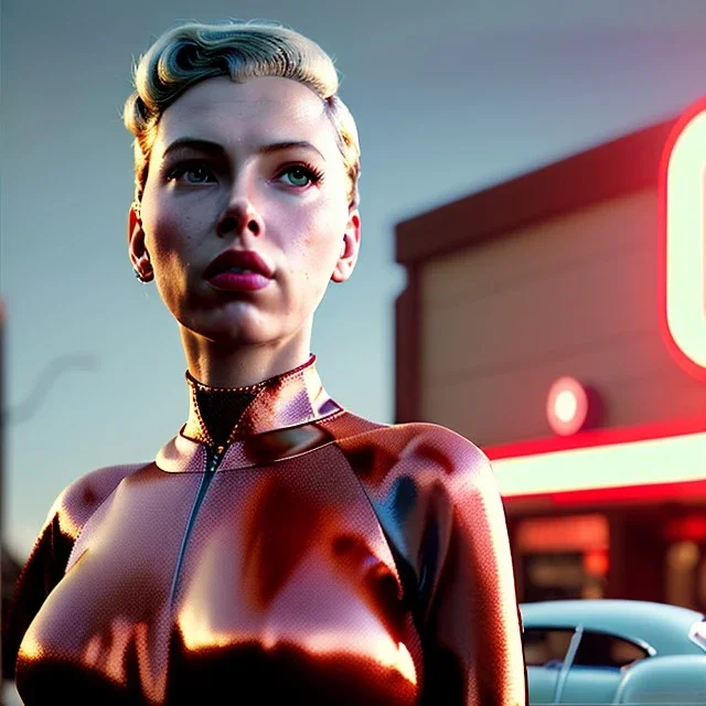 Ultra Realistic retro sci-fi movie Supermarket parking people scene, 1960 year, waist up view portrait, 1 blonde women and 1 octopus alien, sweet scarlet Johansson face, perfect iris, glow eyes, face makeup, tight latex coat. many people looking, Retro sci-fi style, soft color, highly detailed, unreal engine 5, ray tracing, RTX, lumen lighting, ultra detail, volumetric lighting, 3d, finely drawn, high definition, high resolution.