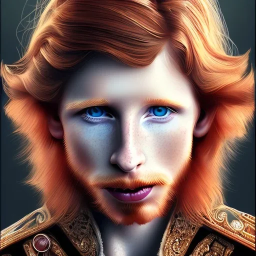 Portrait of young Courtney Gains as a ruggedly handsome, joyful, roguish pirate, charismatic, attractive male, masculine, perfect, precisely detailed clear eyes, unblemished, flawless skin, softly freckled face; meticulously detailed multi-hued ginger carrot-colored cherry fire red hair; fantasy, intricate, elegant, highly detailed, digital painting, concept art, matte, sharp focus, illustration, art by artgerm and greg rutkowski and alphonse mucha