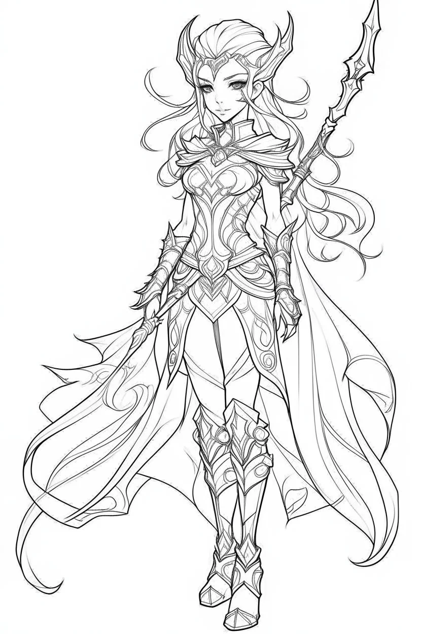 Outline art for cute Fantasy coloring pages with elf-swordswoman, white background, Sketch style, full body, only use outline, Mandala style, clean line art, no shadows and clear and well outlined