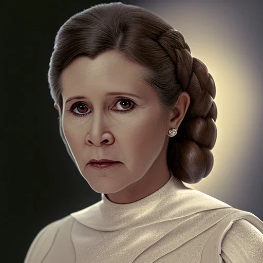 [[extrem stunning photorealistic carrie fisher as princess leia in star wars]] :: [[photorealistic sharp brown eyes, inticate ornate white gown, symmetrical short hair, head and shoulders portrait by Annie Leibovitz, 8k resolution photorealistic hyperdetailed portrait, intricately detailed, triadic colors]]