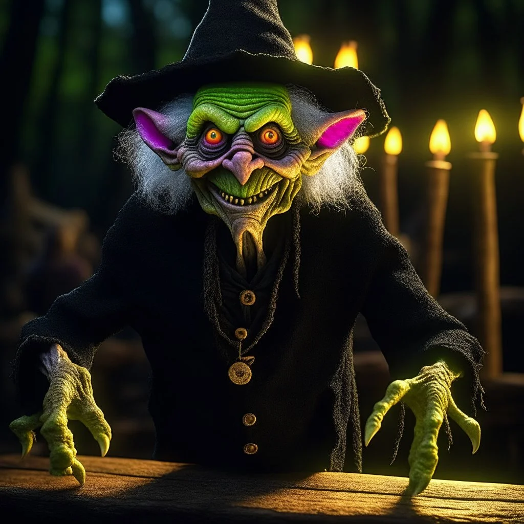 portrait of witch goblin, wild goblin birthday party on dead forest bridge background , motion blur, 8k, downlight, soft light, depth of field, photorealism, trending on art station, lotsa detail