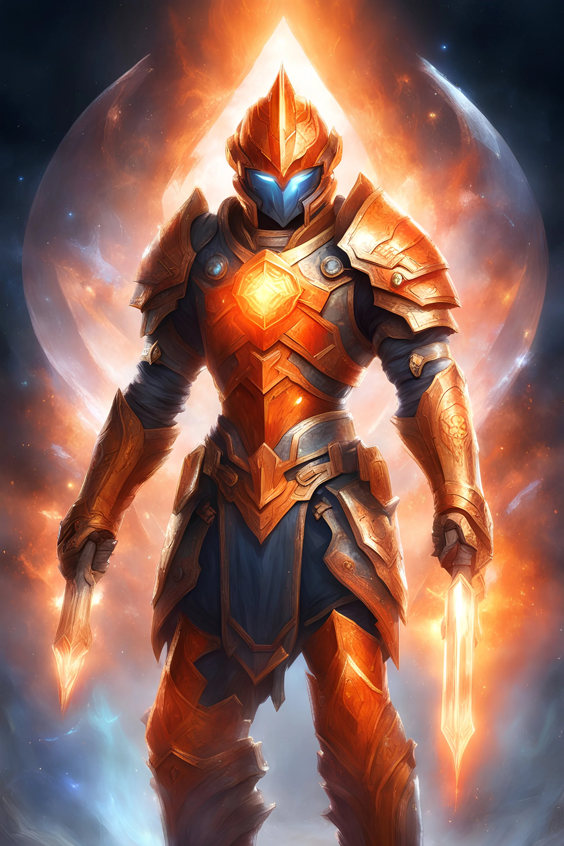 guerrier de la lumière, armure spatiale, cristaux, aura orange