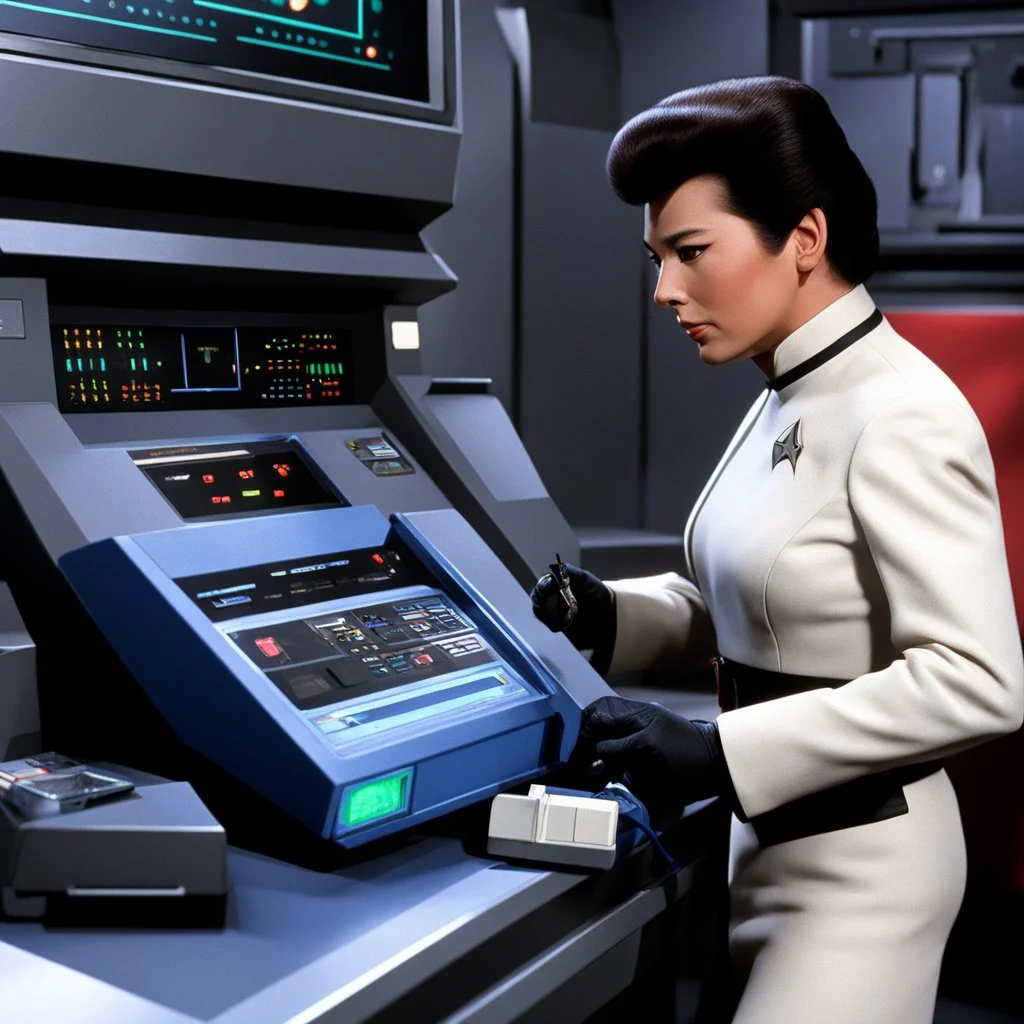 [the tricorder is plugged with a cable on the console] The star trek communication officer delicately plugged the tricorder into the console.