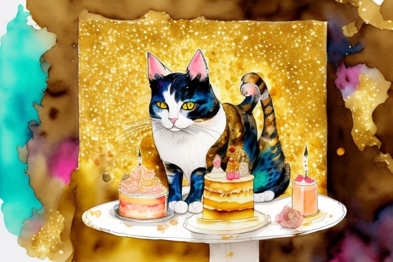 beautiful composition, cat birthday party with cake, watercolor and ink, golden glitters in ochre in sunshine