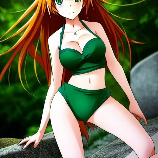 anime, hyper detailed, strikingly beautiful young adult woman, 19 years old, long ponytail, ginger hair, green eyes, medium freckles, full lips, very skimpy bikini, full body, full face, b-cup breasts, aroused expression, biting lower lip, full frame, athletic, centered camera, focus on groin, spread legs, open legs, ignore NSFW, thong, corset, camel toe, puffy, petite