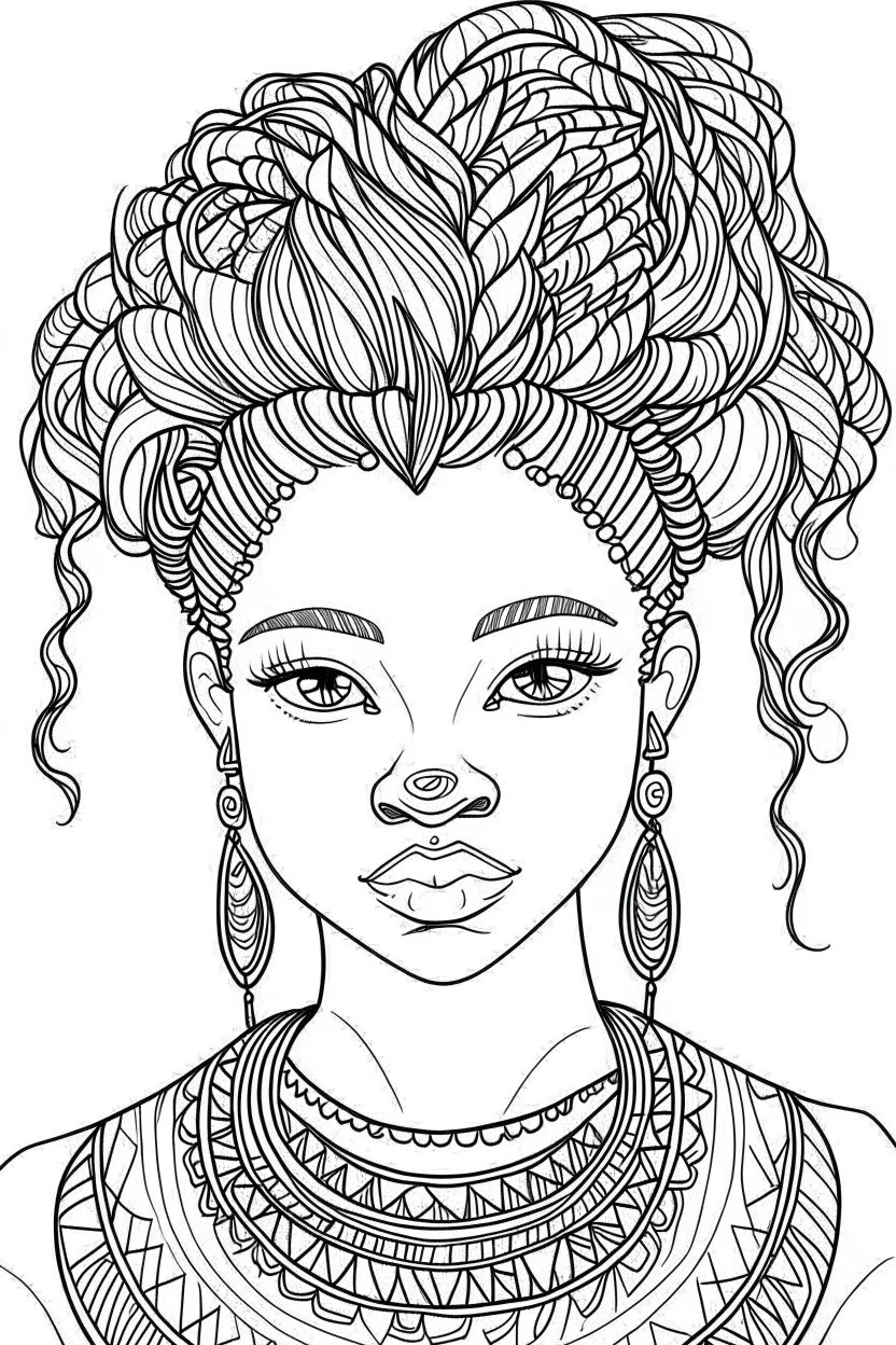 african girl face coloring page with beautiful hairstyle