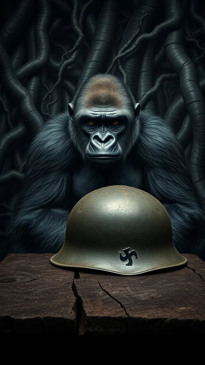 A gorilla in the background of black vein, human veins, mixing together a lot of them, like a forest, big and small veins a lot of them, an army German helmet from ww2 sitting on an old broken table
