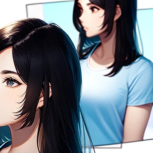black haired woman, casual clotting, realistic, HD4k, watery cloud background, close up shot,