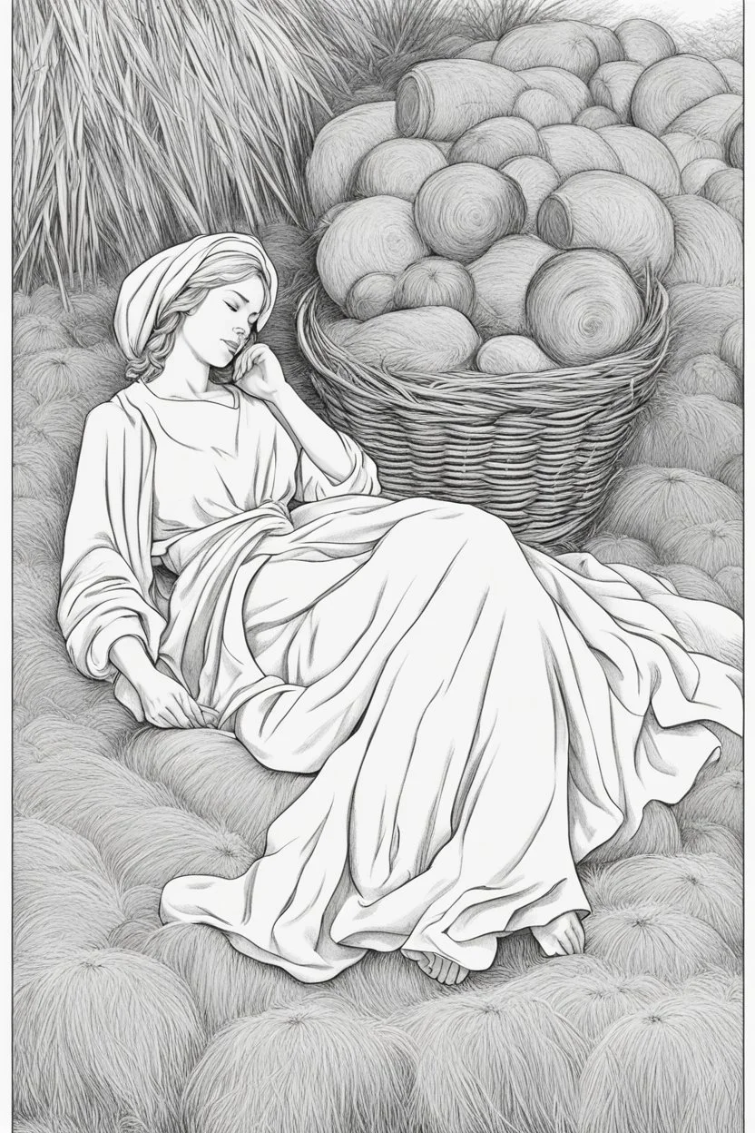 bible Realistic Beautiful Natural Ruth laying on the hay sleeping full body picture Black and white Coloring page