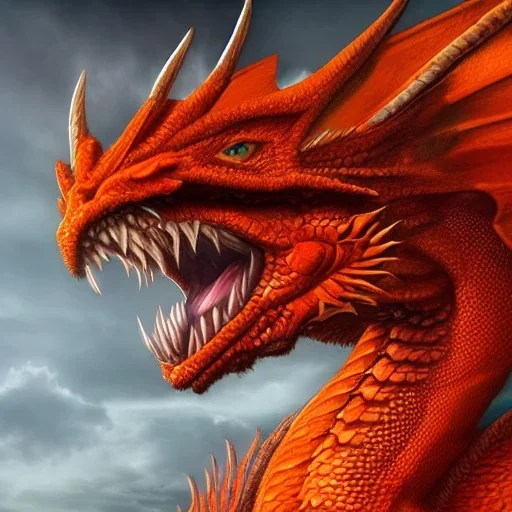 orange dragon, dragon portrait, portrair, dragon head, dragon face, big eyes, fangs, dragon with horns, 8k resolution, high-quality, fine-detail, fantasy, incredibly detailed, ultra high resolution, 8k, complex 3d render, cinema 4d