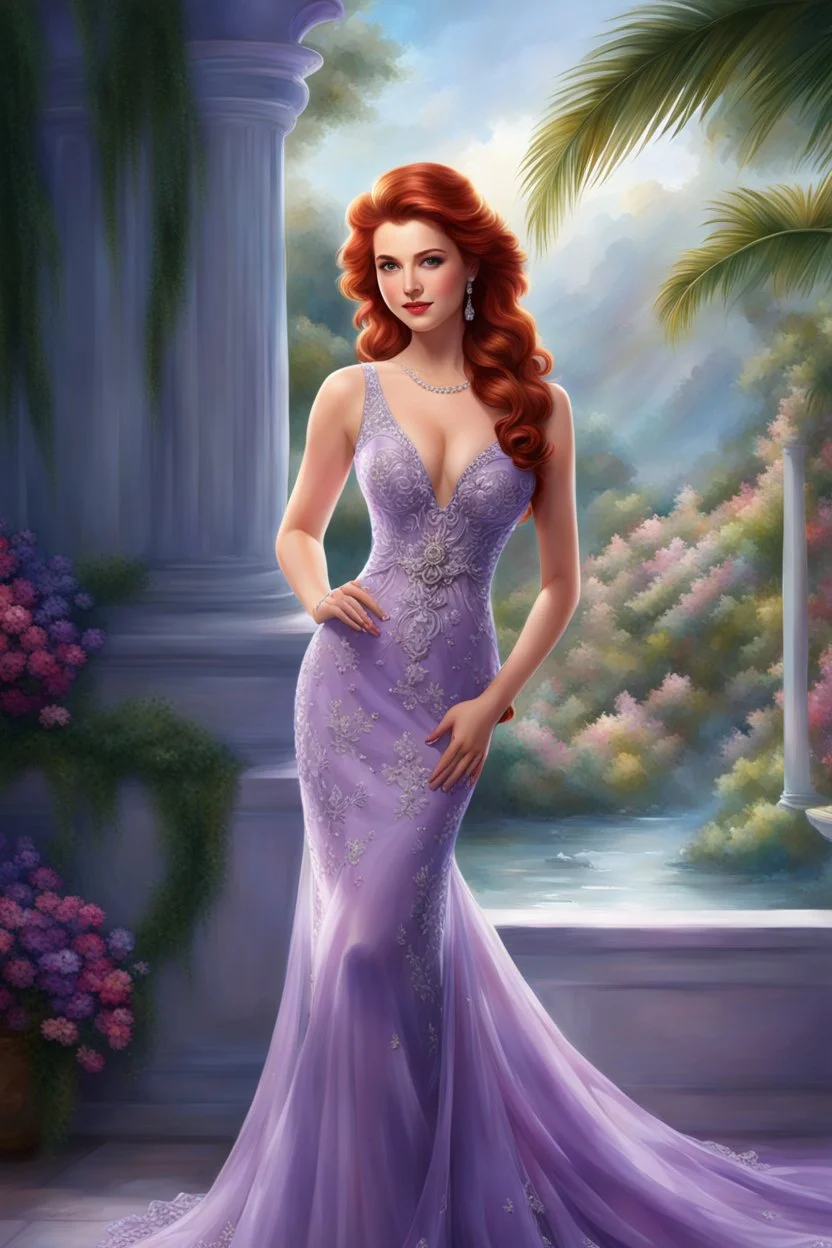 elegance, beautiful woman, 18 years old,front view, tiny, luxuriant, center, single luxuriant purple dress, red hair, render indoor palm, white background,32k, ultra high definition,realistic, white background, clipart, thomas kinkade, blushing, masterpiece, unique, breathtaking, Best Artist, Cinematography, Soft Lighting, Cute and well loved, Creative, Ultra detailed