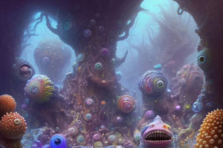 of a colorful deep sea cave with strange cute friendly happy creatures with huge eyes, mouth, long tongue and round teeth appearing from sandy coral, in the style of gehry and gaudi, macro lens, shallow depth of field, ultra detailed, digital painting, trending artstation, concept art, illustration, cinematic lighting, photorealism, epic, octane render