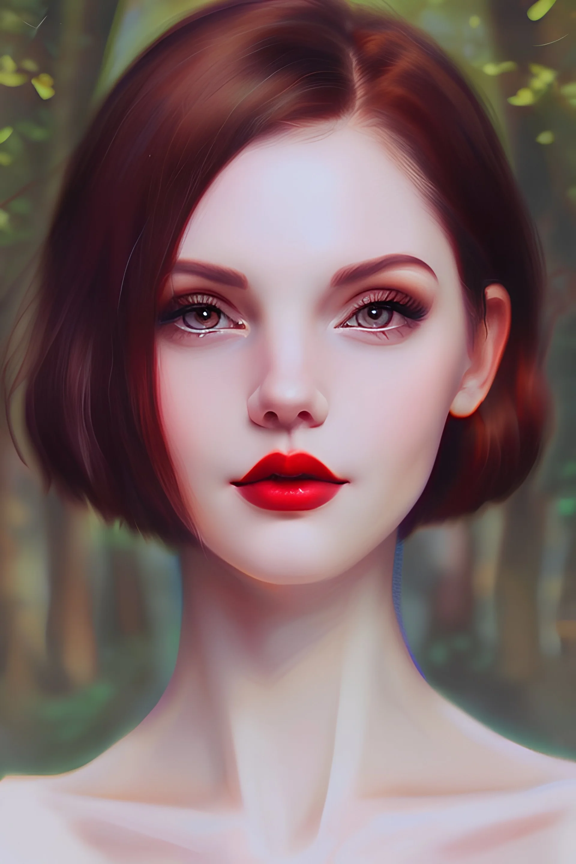 Realistisches Portrait einer europäischen Frau mit kurzen roten Haaren, braunen Augen,lächelnd, romantisches warmes Licht, Nacht, Wald im Hintergrund, skinny body, schmale dunkelrote Lippen, schwarzes Nachthemd,