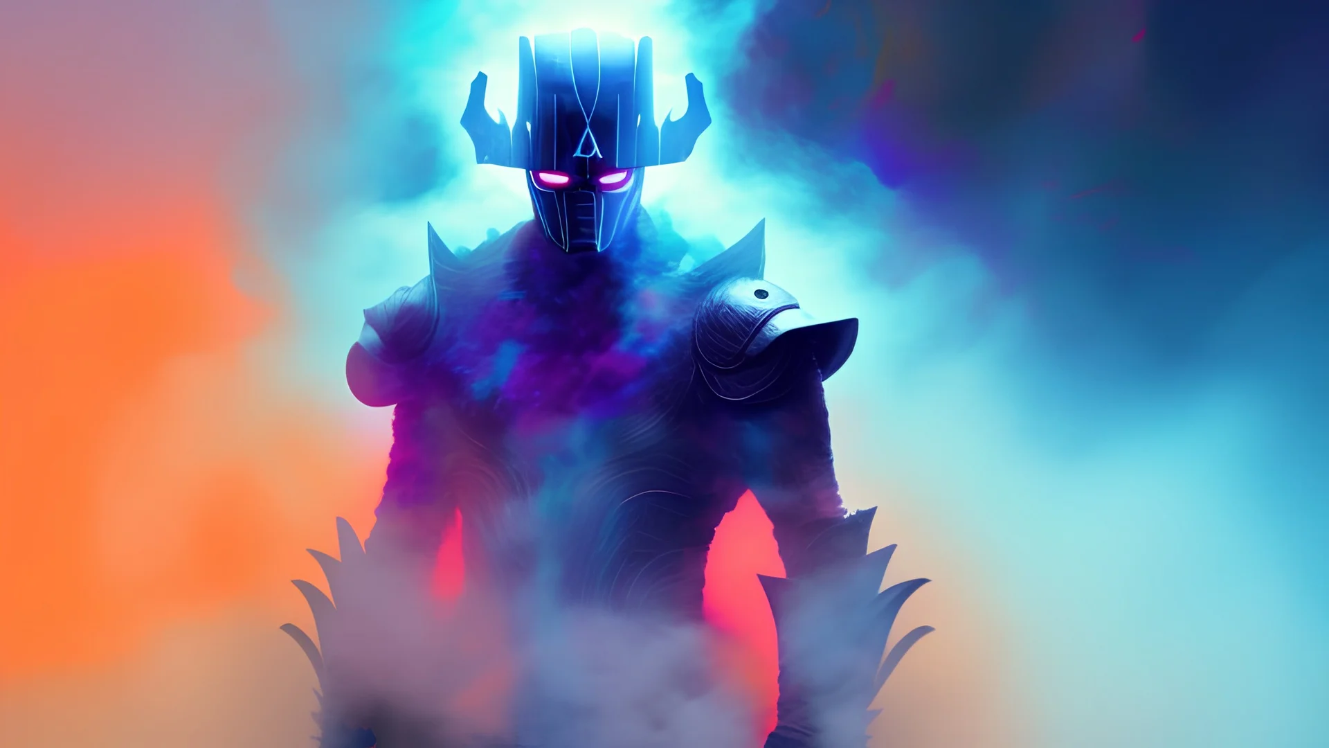 A man that looks like Marvel's Galactus wading through a colorful fog