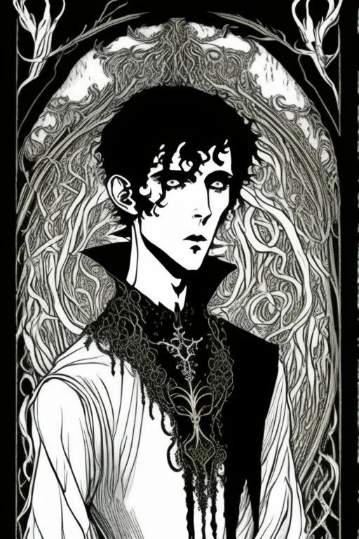 black haired young man necromancer wizard with gothic jewelry and tentacle fingers in the style of Harry Clarke