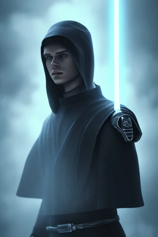 All Black Anakin Skywalker soldier, ghost, wearing high tech mask, white smoke, dark, rage, sorrow, high definition, ultra 8 k, volumetric lighting, blue fire, fog