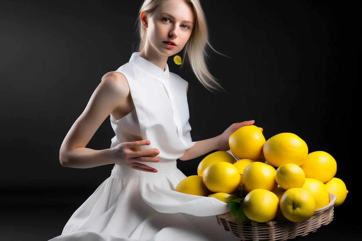 Sobre un fondo blanco de fotografía de estudio, un mujer rubia, vestida con camisa blanca sin abotonar y una amplia falda de color amarillo, juega con unos limones, fotografía de estudio, fotografía de moda. Disparo con cámara Leica