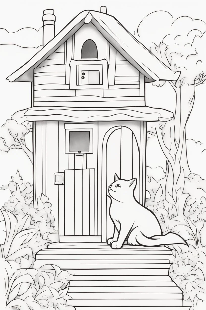 blank colouring book, white blank background, simple picture for toddlers, cat house with no cat inside, disney and pixar style