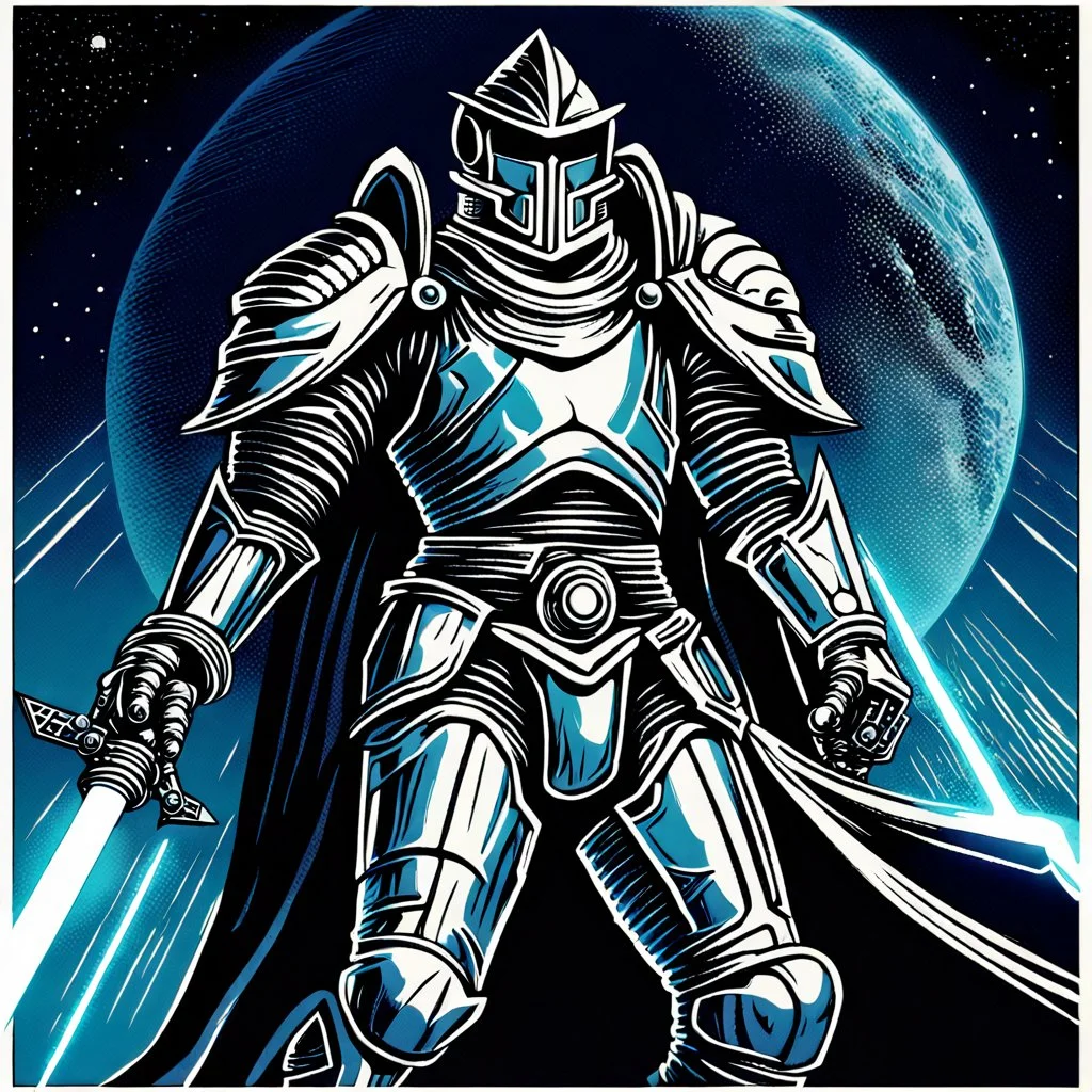 90's retro fantasy art of a heroic space knight with laser sword