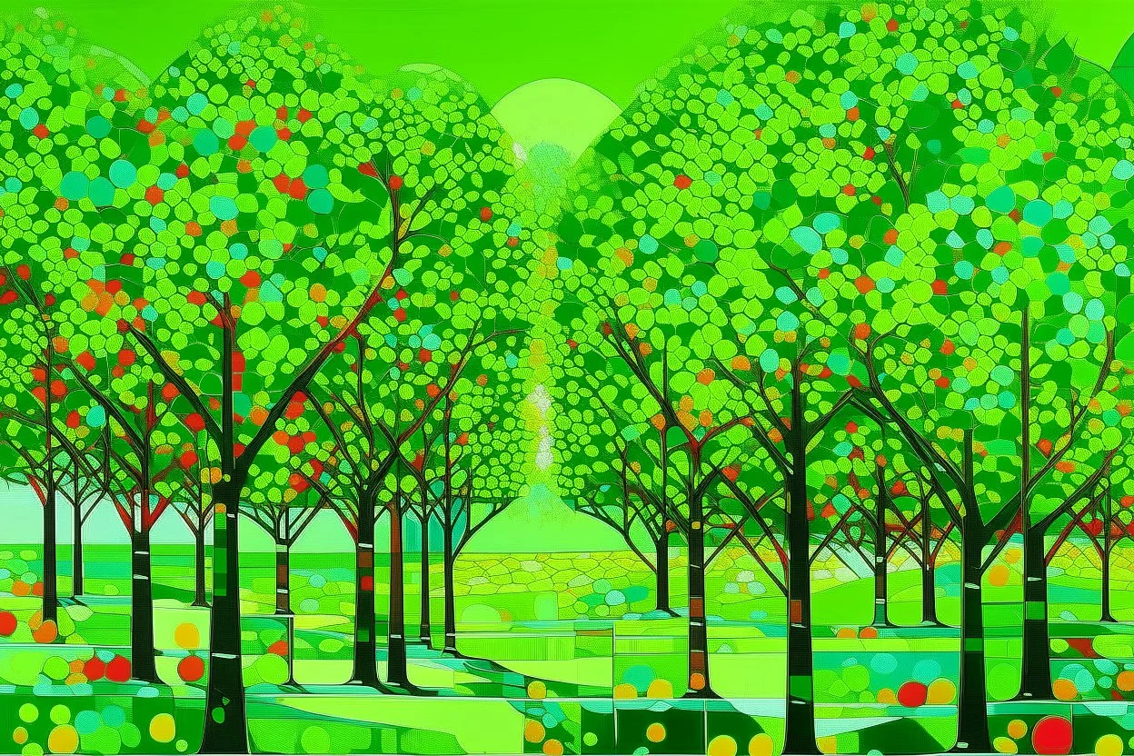 A lime green geometric forest with apple trees painted by Andy Warhol