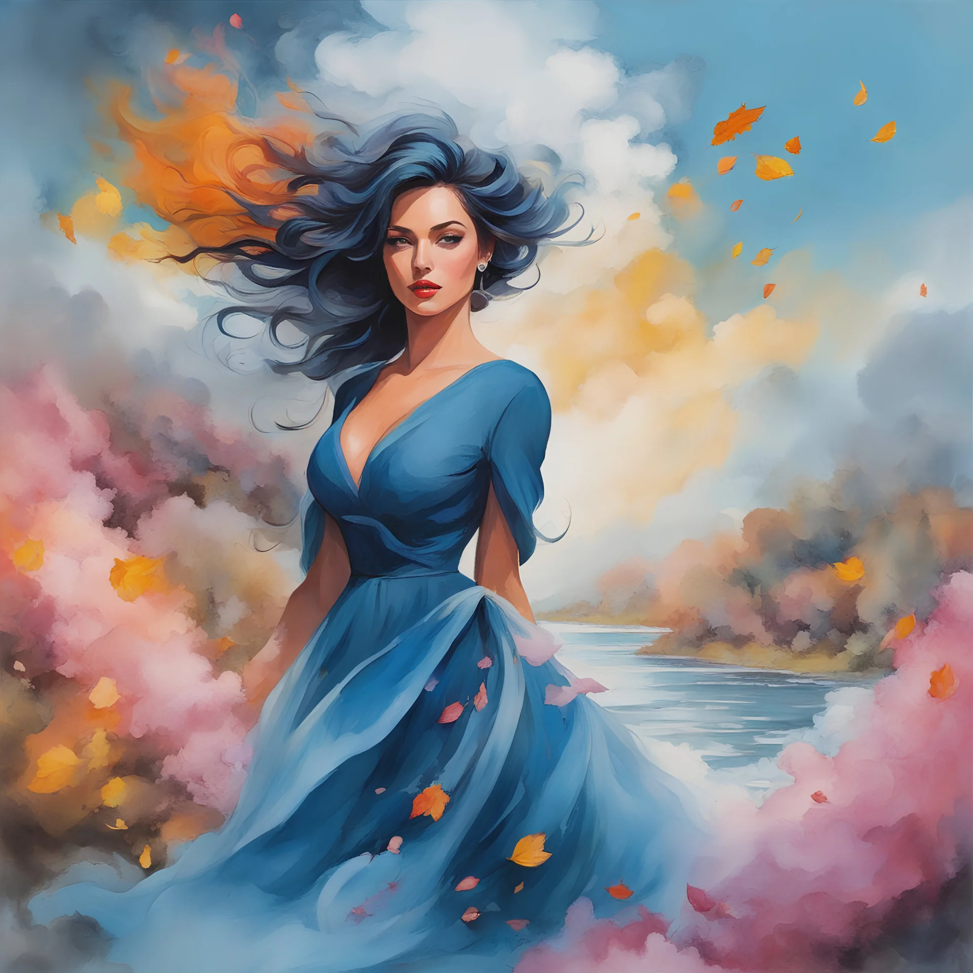 Pretty woman in windblowing blue hair awalks down the river filled with colorful smoke. The dress swirls like a cloud of smoke. oil painting illustration,"ink, splash art colored swirling smoke, leaves and petals flying