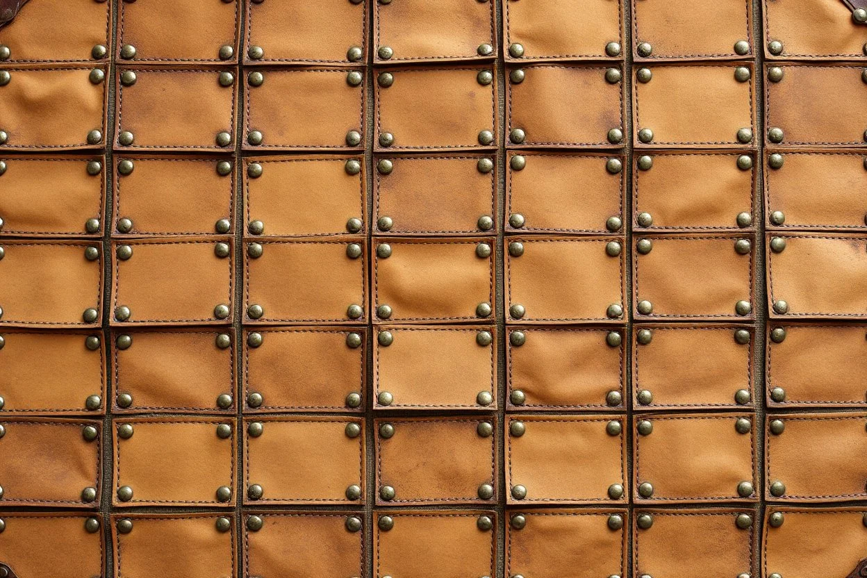 canvas background covered with a grid of many rectangular weathered faded tan leather patches that are each stitched (brown) and nailed (brass) around the edges