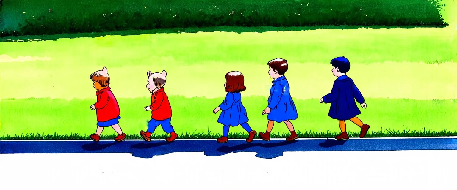 illustrated children walking in a line, in the style of original whinnie-the-pooh