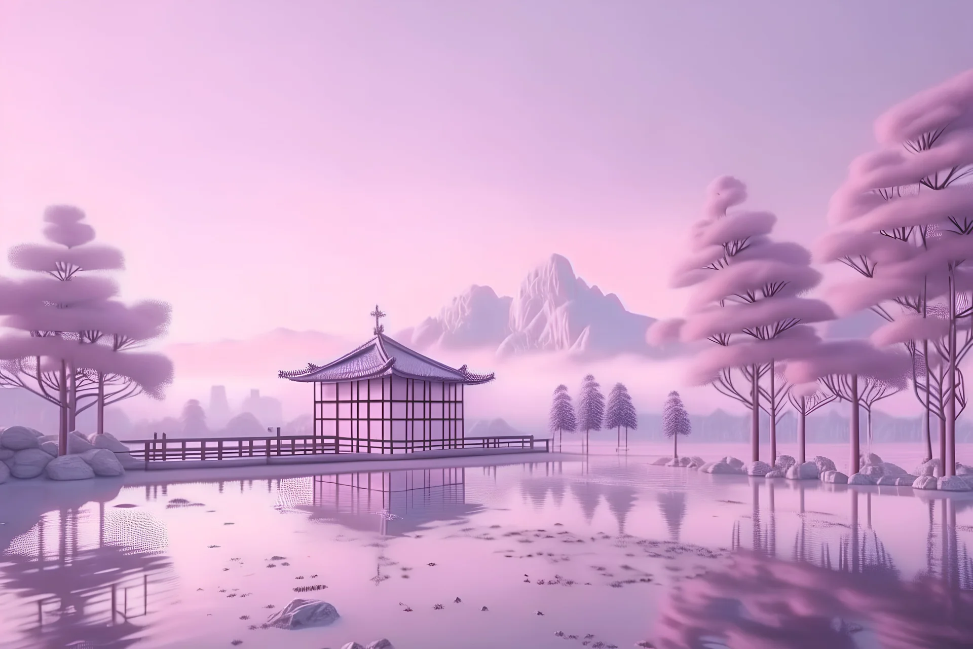 minimal pastel purple surreal scene, dreamy scene, japan landscape, ryokan at the background