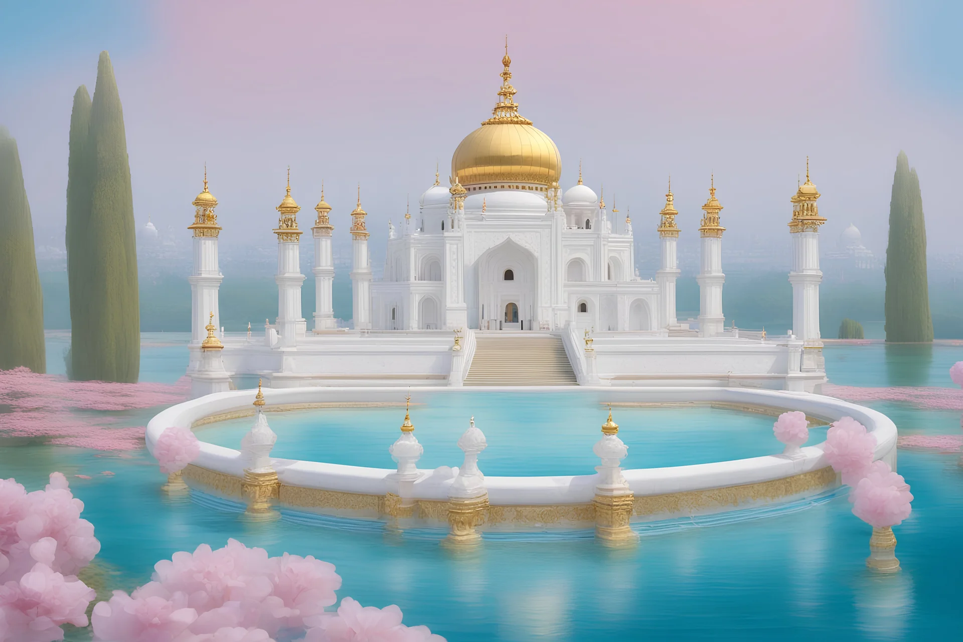 en premier plan des colonnes finement ciselées d'un temple blanc et doré, finissant par des domes aux facettes transparentes, et plus loin un bassin doré et bleu avec une eau turquoise, sur les cotés des fleurs roses et blanches et au loin un ciel très bleu. Il y a beaucoup de détails il y a partout des étincelles de lumière qui volent. ambiance magique et féerique. couleurs douces et lumineuses