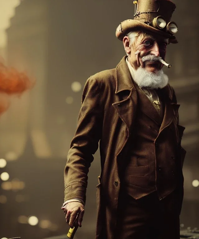 Surreal, steampunk, cabaret scene. Russian old man. Sweat, rain, smoking, happy, hot, people background, highly detailed, concept art, unreal engine 5, god rays, ray tracing, RTX, lumen lighting, ultra detail, volumetric lighting, 3d, finely drawn, high definition, high resolution.