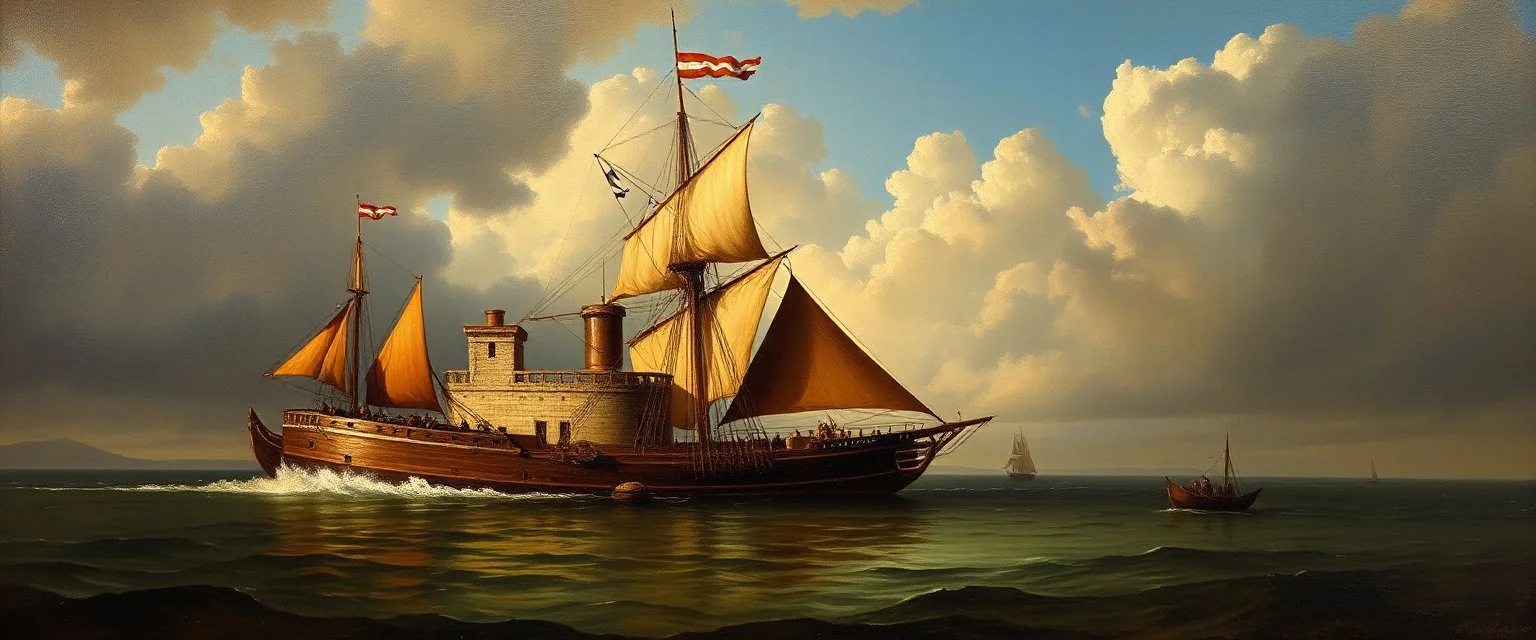 master oil painting by Rembrandt, floating fortress boat