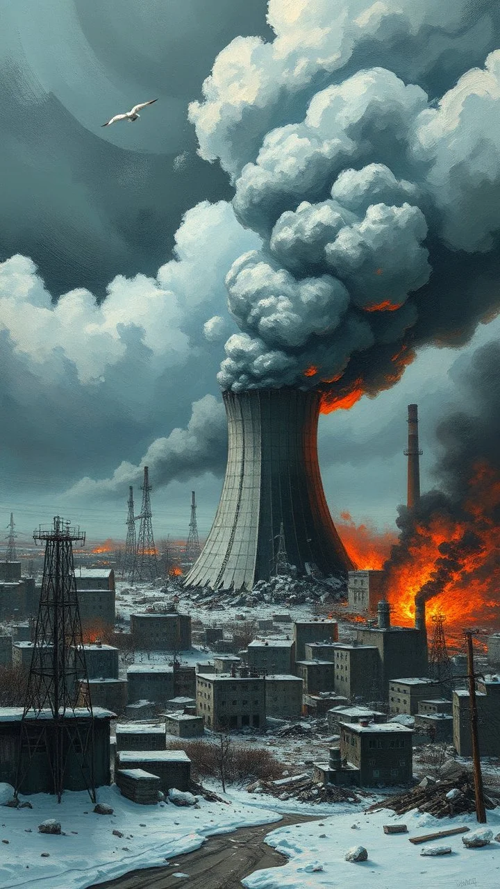 Chornobyl nuke plant disaster . City is completely destroyed in sad theme clouds and sturdy weather in Bsosh nightmares style painting