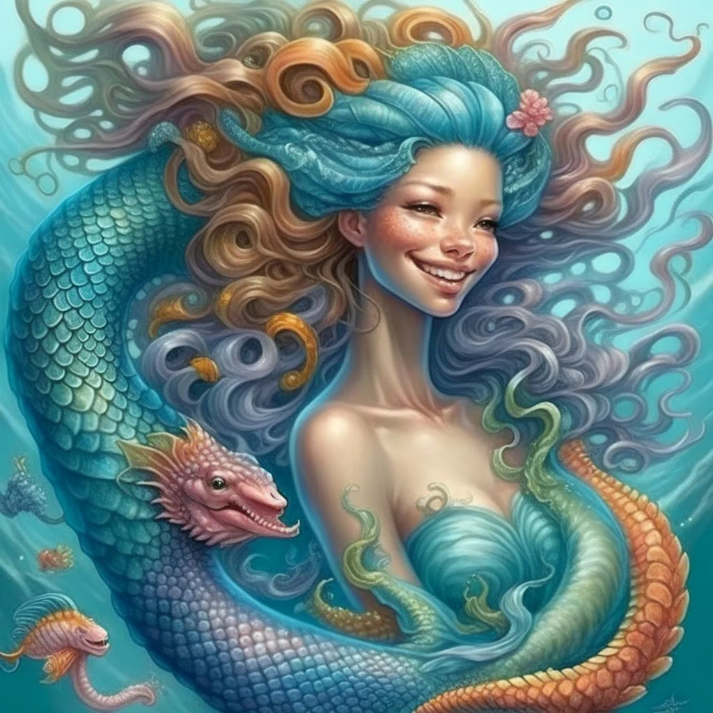 mystical, mermaid with long curly fancy flowing hair. Riding a seahorse with a happy face and a swirly main, all in pastel coors, Marine life Background. perfect facial features. Hyperdetailed, photorealistic