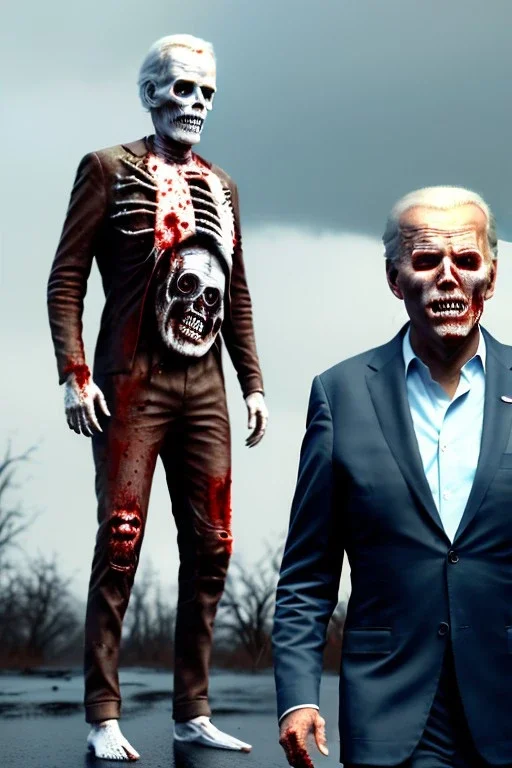 Ultra realistic image, joe biden zombie, zombie performance, suit, skull, blood, torn arm, night, walking twisted, waist up view, thriller style, dark ambient, highly detailed, White House background, concept art, unreal engine 5, god rays, ray tracing, RTX, focal lighting, ultra detail, volumetric lighting, 3d, finely drawn, high definition, high resolution.