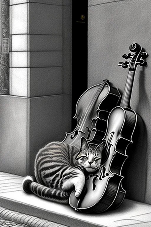 One single mature homeless cat, sleeping in a corner on the street, violin case, Vienna, mourning, model style, hyper realistic, extremely accurate, delicate, extremely detailed, Graphic novel style, wide-angle, open aperture, superfine pencil