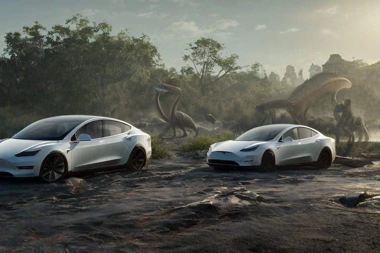 A Tesla's 'Model 3' is parked, on the 'Jurassic Park' island. CINEMATIC. WIDE ANGLE LENS. PHOTO REAL.