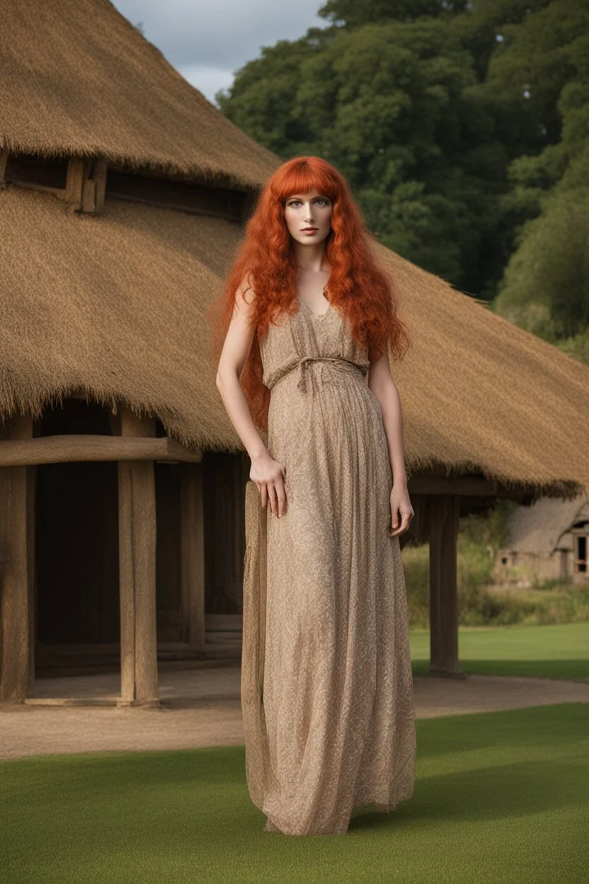 full body and headshot of a skinny Cleopatra, with long wavy red hair, in a floaty dress, standing on a village green, with thatched roof cottages behind