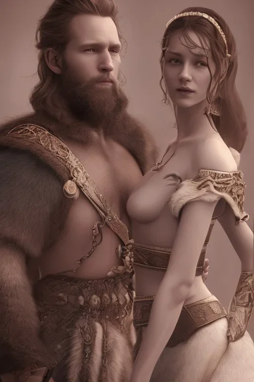 Viking style, 8K, a Highly detailed stunning portrait of Dom man with a kneeling submissive woman, white suit, beard, and short hair, bad boy,