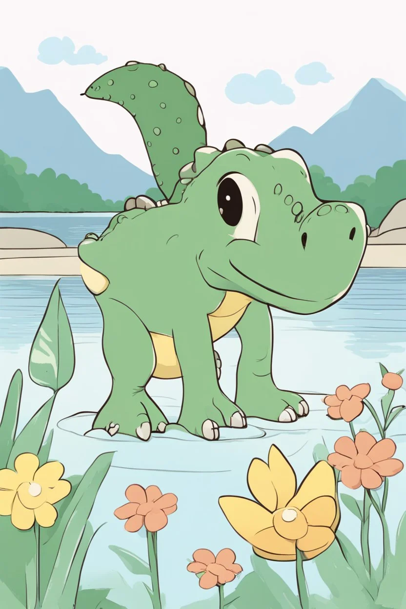 cute dinosaur colored with basic colors, full body, defined lines, no shadows, white background, clear and well, no shadows, this dinosaur is eating flowers on the lake shore. This generation should be colored only with the colors black, red, green, yellow, light blue, blue and orange