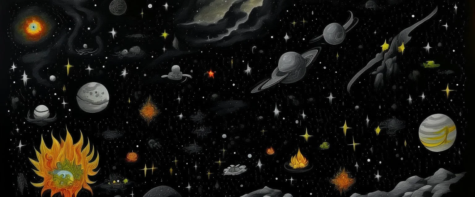 A dark gray galactic nightmare with stars, planets, and asteroids designed in Javanese shadow puppets painted by Frank Wilson