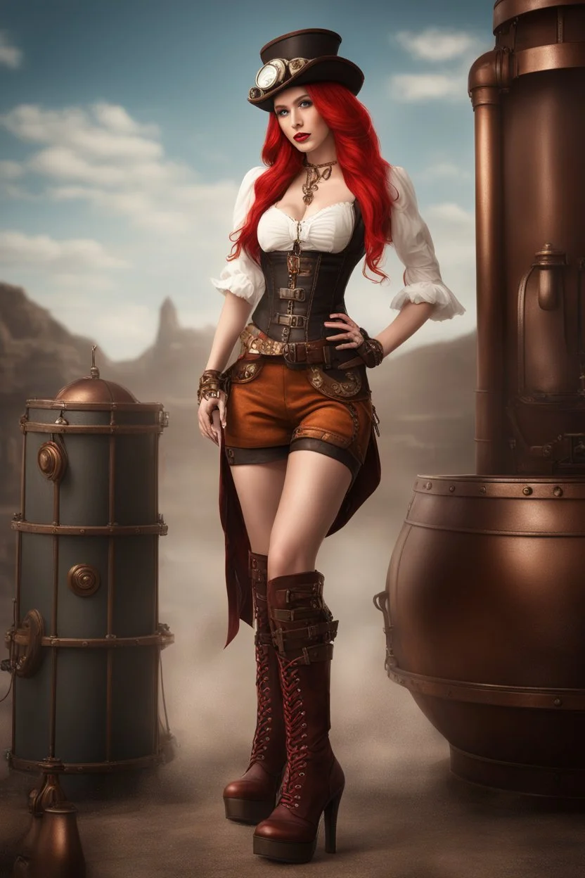 Photorealistic full-height photo of a fantasy skinny pin-up girl in steampunk outfit with boots with long, red hair