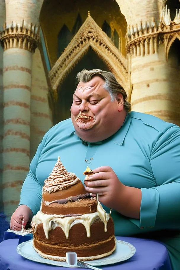 fat viktor orban eating cake in a castle