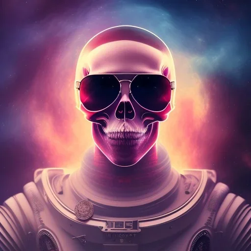 Midjourney style of detailed and intricate skull wearing red sunglasses| wearing cosmonaut suit| portrait and science fiction theme| aurora lighting| nebula and stars| stunning environment| volumetric lighting| vibrant