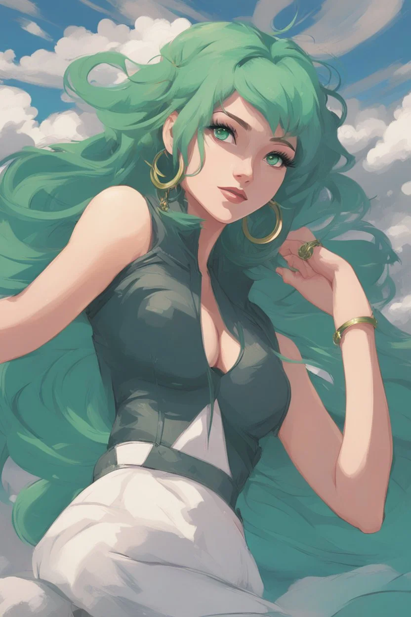 concept art of a beautiful woman with green hair, by Krenz Cushart, clouds, detailed digital artwork, illustrative, painterly, matte painting, highly detailed, cinematic composition, free, liberation