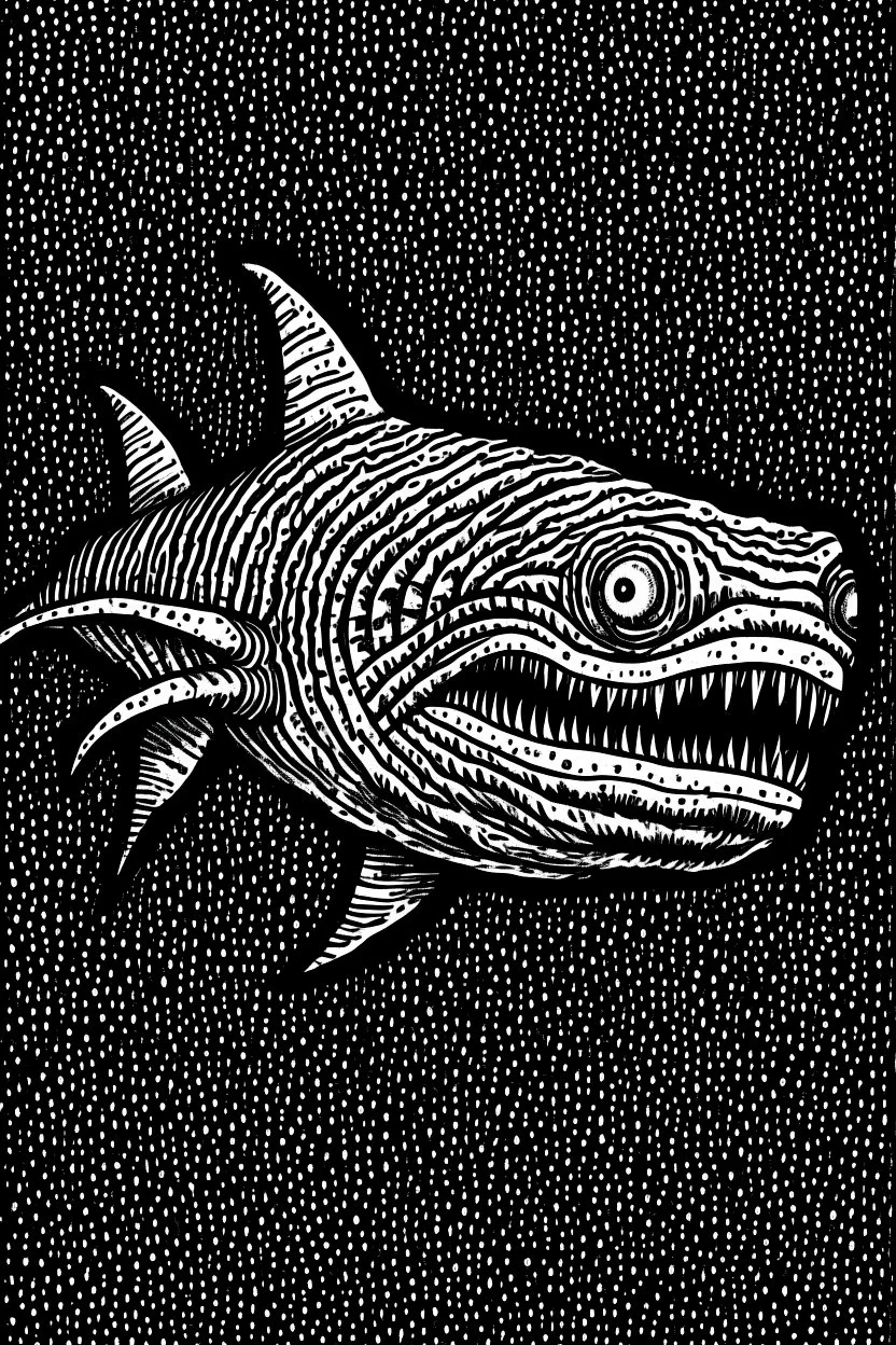 Moth / shark hybrid in the style of "Berserk" manga. B/w.