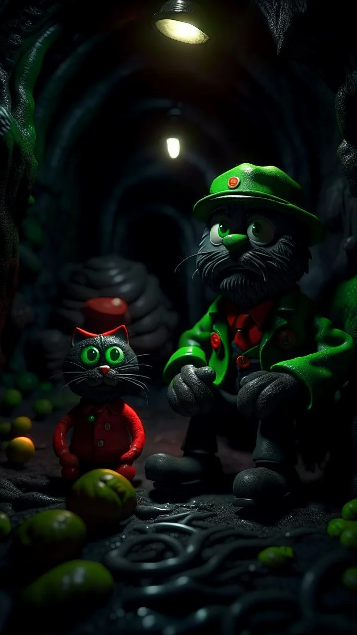 Halloween portrait of Cthulhu postman pat and his creepy cat, full moon, in dark sewer cave, down-light, shot on Hasselblad h6d-400c, zeiss prime lens, bokeh like f/0.8, tilt-shift lens 8k, high detail, smooth render, down-light, unreal engine, prize winning